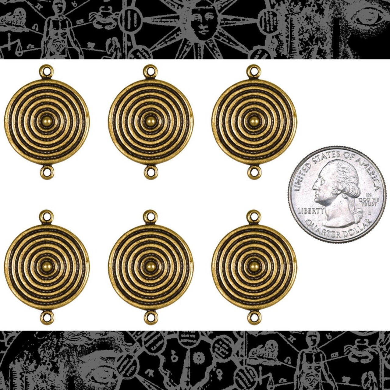 Antiqued Brass Spinner Two Ring Connectors - Set of Six - AB-2C81